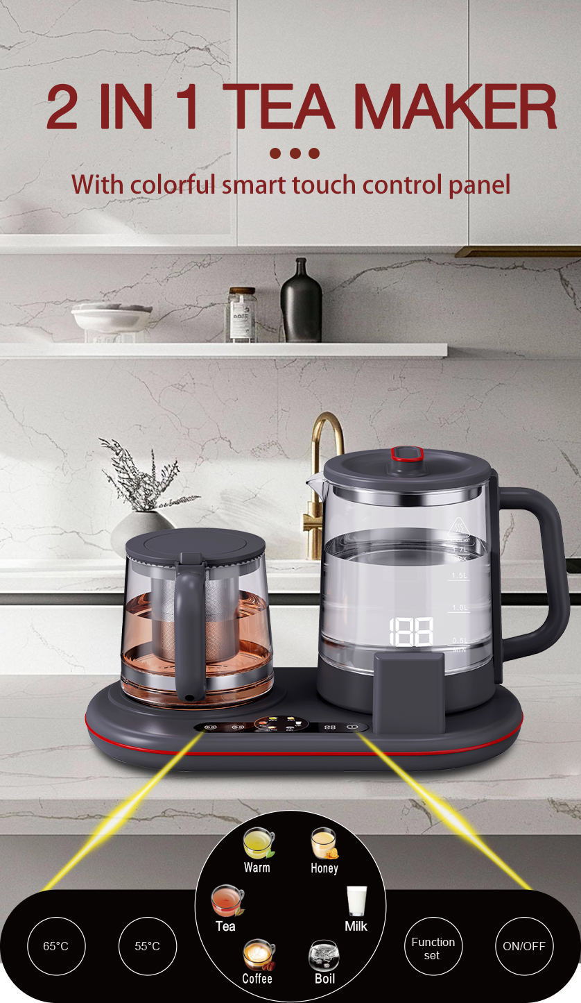 Machine à thé moderne à faible puissance, thermopot Portable en verre, bouilloire d'hôtel, ensemble de plateaux, théière électrique 1,7 l + 1,1 l, faible puissance