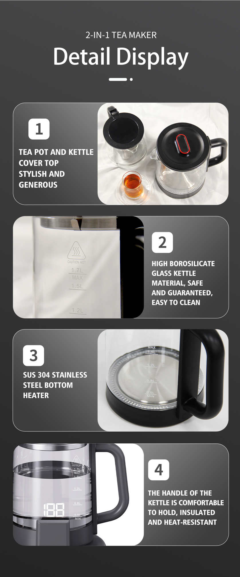 Machine à thé moderne à faible puissance, thermopot Portable en verre, bouilloire d'hôtel, ensemble de plateaux, théière électrique 1,7 l + 1,1 l, faible puissance