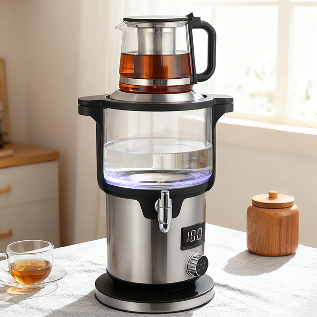 Théière en verre Samovar à haute teneur en bore, grande capacité de 5,6 l, approuvée CE/CB, fonction de maintien au chaud, Double chaudière, bouilloire turque