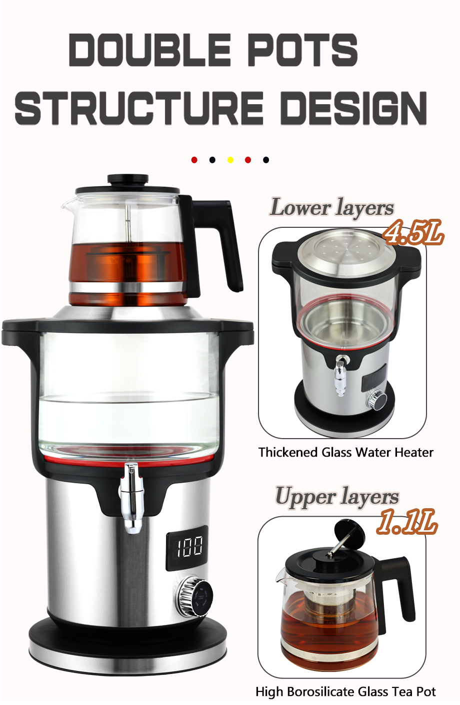 Appareils électriques et ménagers 4,5 L + 1,1 L Machine à thé double électrique numérique Samovar russe avec théière en verre