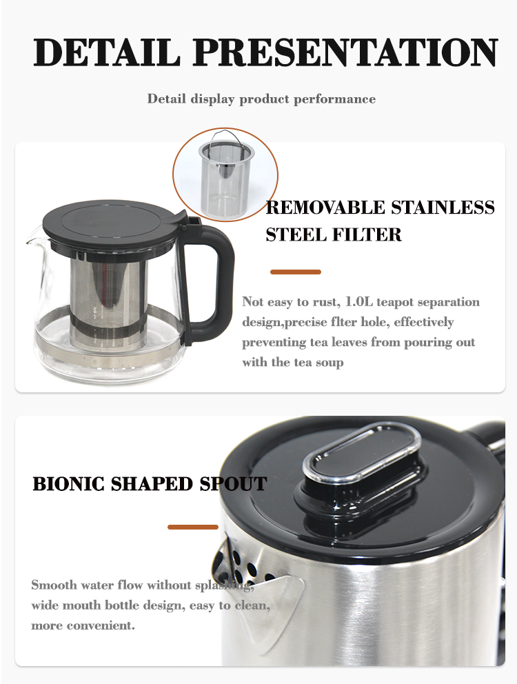 Home Appliance OEM en verre électrique personnalisé Kettle Tea Set Turkey Tea Maker Machine 2.0L + 1.1Les bouilloires en acier inoxydable et théière 