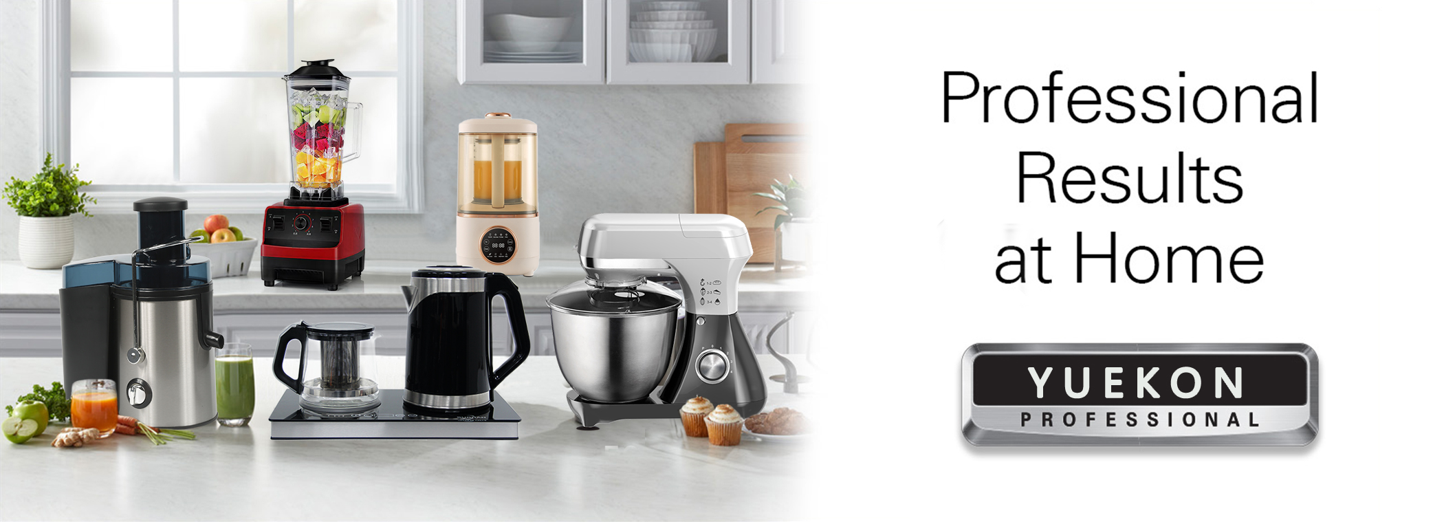 Image comportant les textes « Résultats professionnels à la maison » et « YUEKON PROFESSIONAL », représentant l\'engagement de Zhongshan Yuekon Electrical Appliances Co., Limited à fournir des appareils électroménagers de qualité professionnelle.