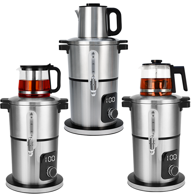 Appareils ménagers bouilloire électrique Double couche en acier inoxydable, théière automatique, théière persane Samovar 2 en 1, argent Samovar