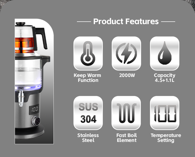 Appareil électrique 4.5 + 1,1 l, Machine à thé Double couche, fonction de maintien au chaud automatique, bouilloires Samovar avec théière en verre