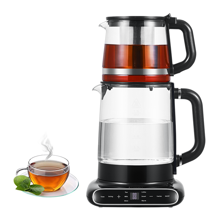 Bouilloire sans fil à corps en verre double couche 1,5 l + 1,1 l avec filtre à thé pour la cuisine et la maison 