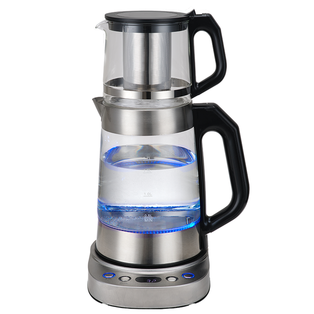 Samovar – machine à thé turque en acier inoxydable, avec théière en verre, bouilloire électrique, nouveau type 1,7 l + 1,0 l, moyen-orient, arabie saoudite