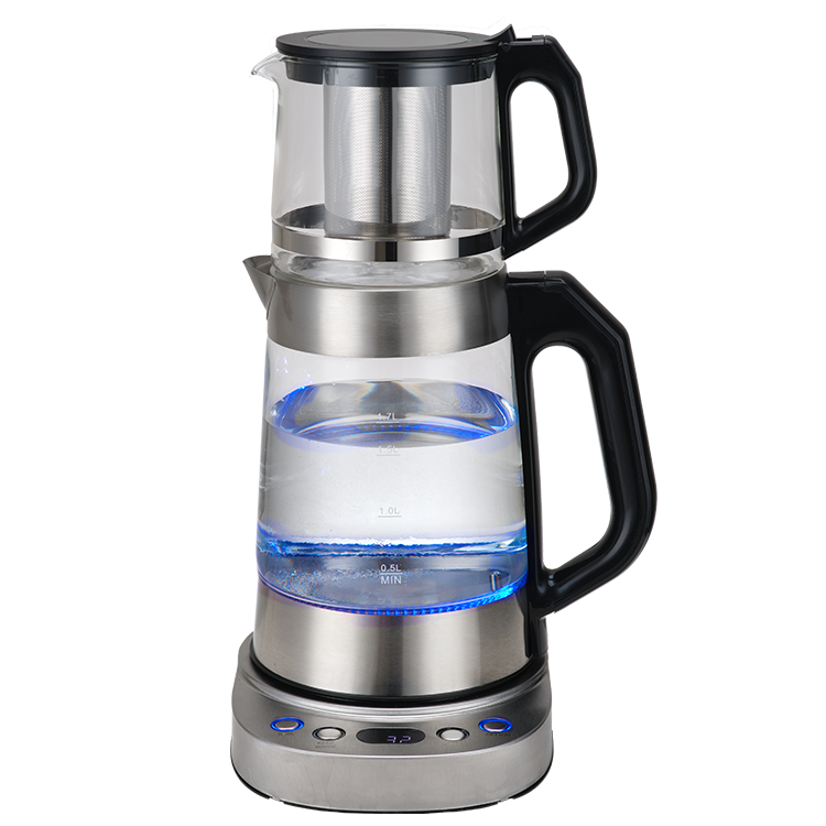 Samovar – machine à thé turque en acier inoxydable, avec théière en verre, bouilloire électrique, nouveau type 1,7 l + 1,0 l, moyen-orient, arabie saoudite