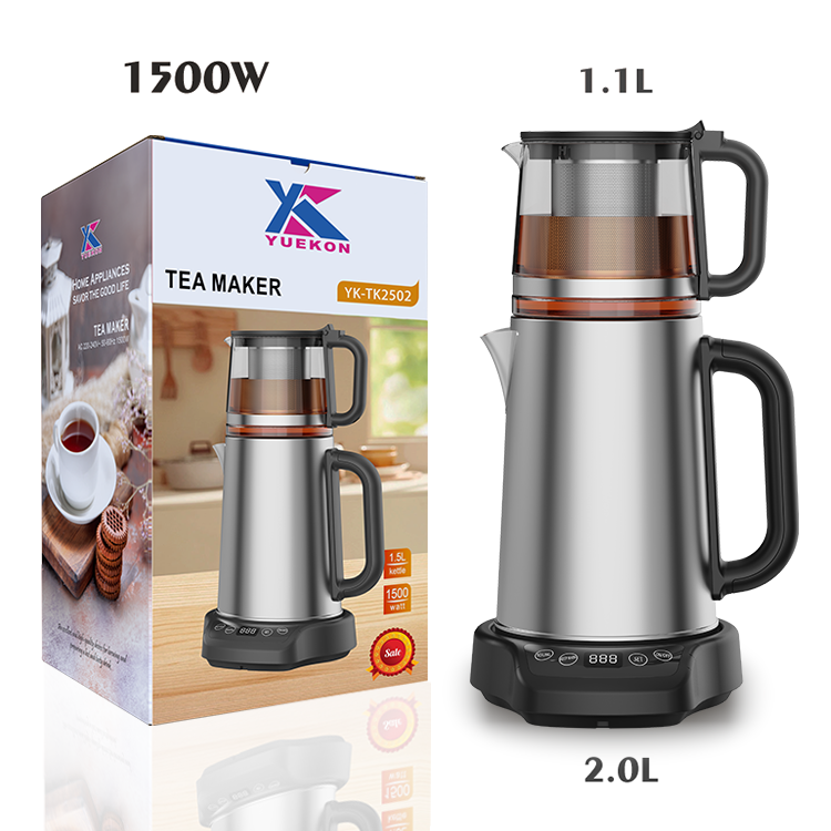 Home Appliance OEM en verre électrique personnalisé Kettle Tea Set Turkey Tea Maker Machine 2.0L + 1.1Les bouilloires en acier inoxydable et théière 