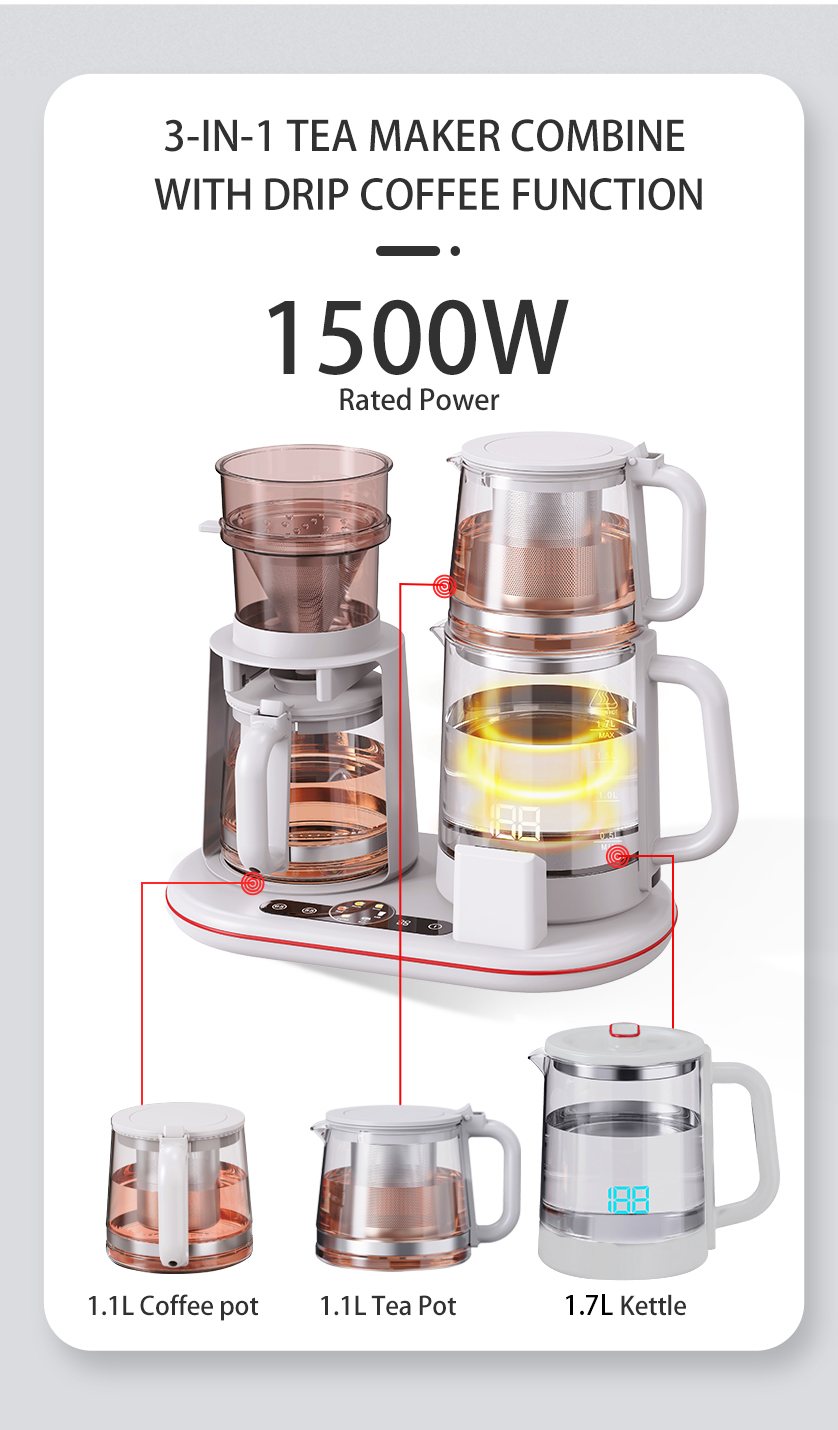 Bouilloire en verre multifonctionnelle 1500W, Double bouilloire intelligente sans fil, théière électrique, ensemble de cafetière, contrôle de la température numérique