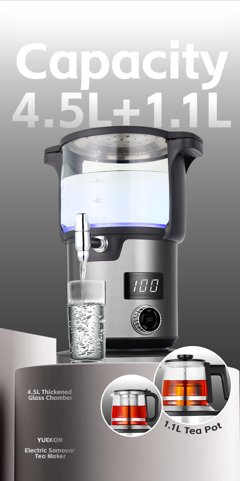 Vente en gros Skd Ckd Double Pot numérique russe Samovar 4.5L 2000W électrique en acier inoxydable automatique bouilloire turque avec théière