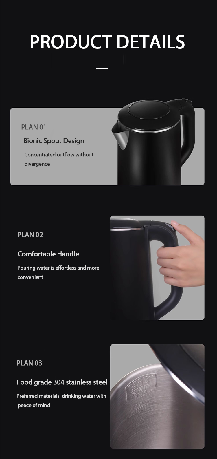 Appareils ménagers Bouilloire électrique à corps en acier inoxydable 304 de qualité alimentaire, pichet à eau électrique à Double paroi, 1,5 l 