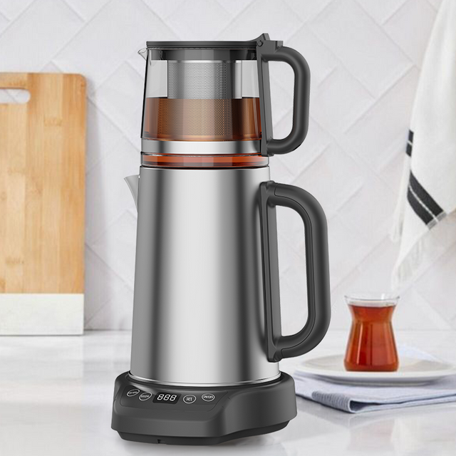 Nouvelle arrivée 1500W 304 Verre turque en acier inoxydable Kettle 2 In1 Samovar Tea Maker avec base d'écran tactile
