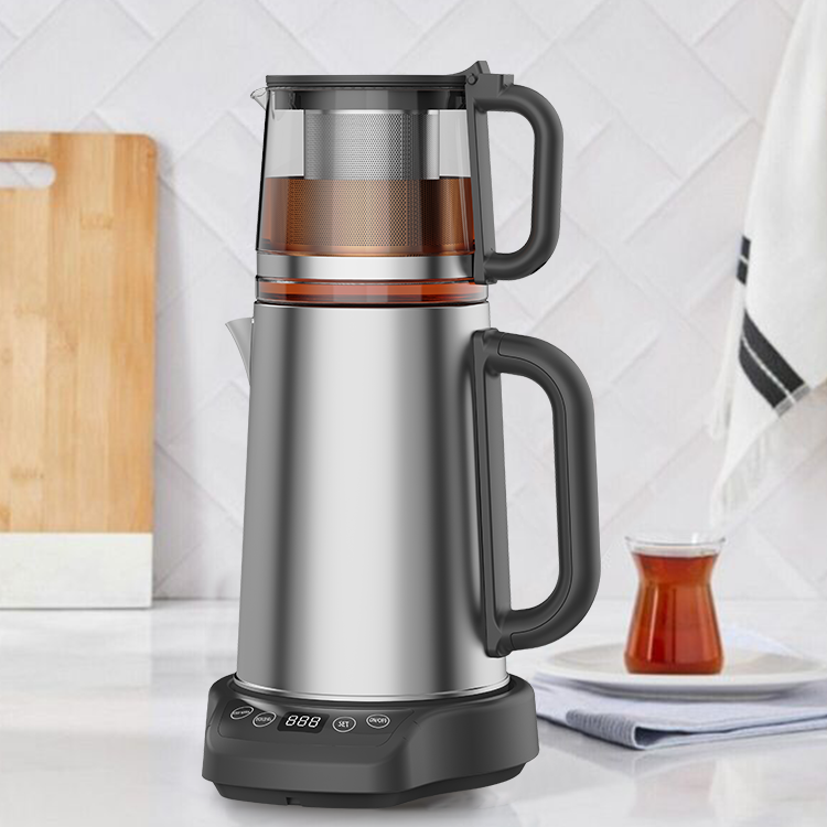 Nouvelle arrivée 1500W 304 Verre turque en acier inoxydable Kettle 2 In1 Samovar Tea Maker avec base d'écran tactile