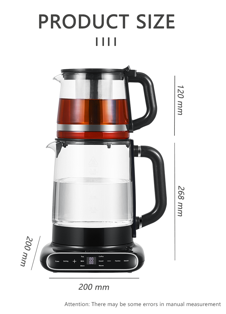 Bouilloire électrique en verre, Base rotative à 360 °, 1,5 l + 1,1 l, théière élégante, Samovar électrique turc et russe 
