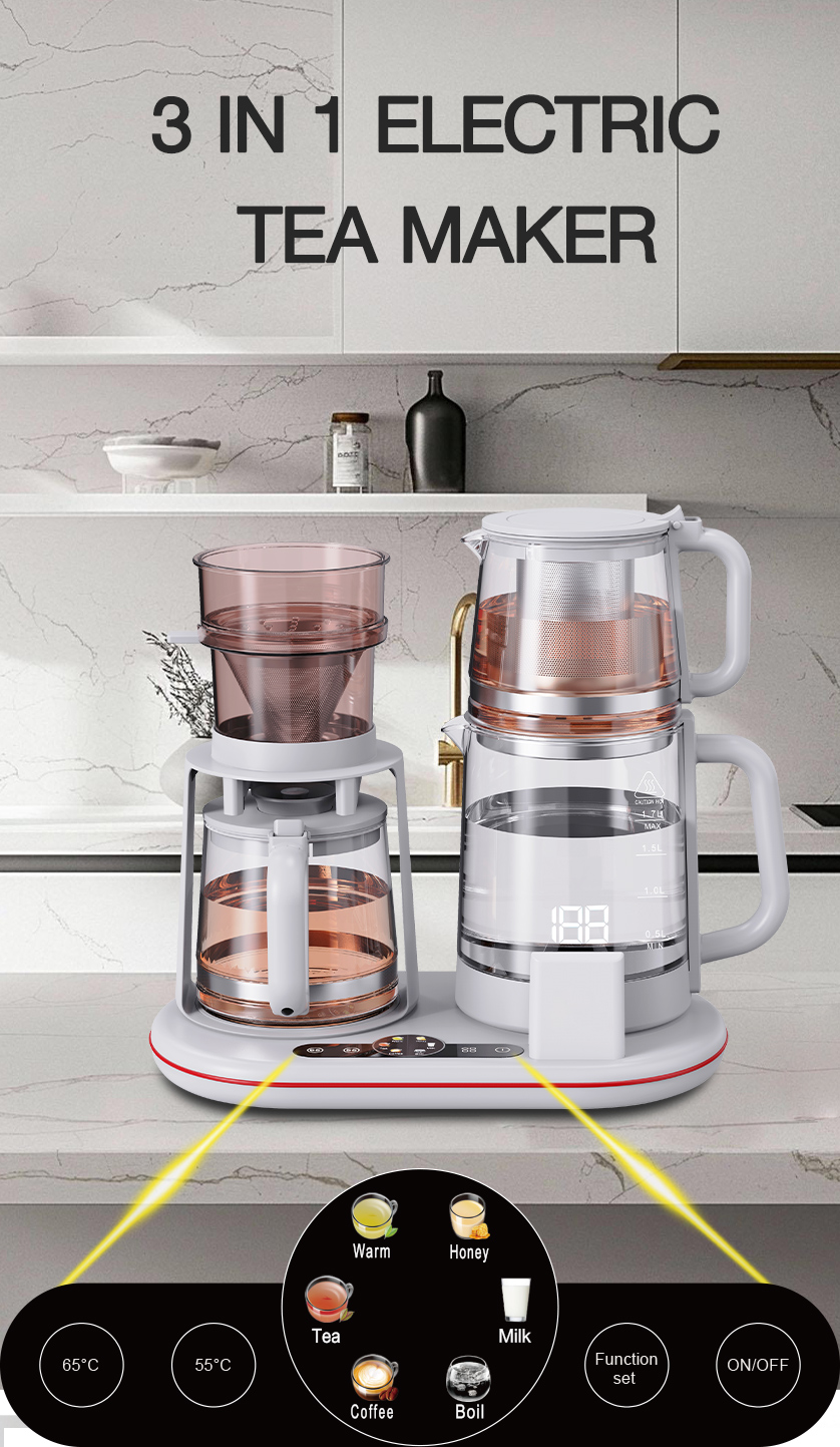 Bouilloire en verre multifonctionnelle 1500W, Double bouilloire intelligente sans fil, théière électrique, ensemble de cafetière, contrôle de la température numérique