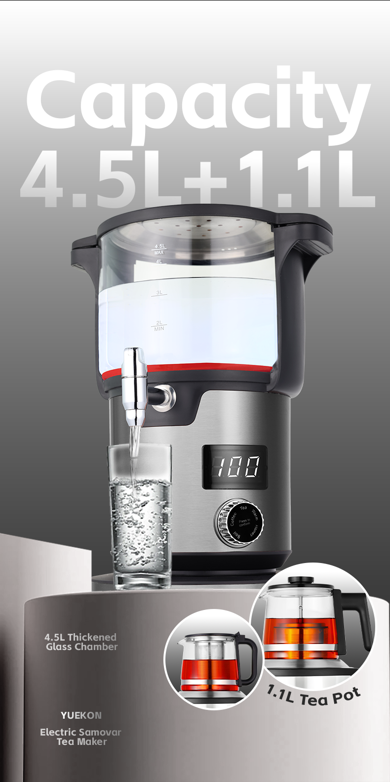 Bouilloire Samovar turque et théière en verre, chauffage à grande vitesse 2000W, contrôle numérique multi-température résistant à la chaleur pour thé/café