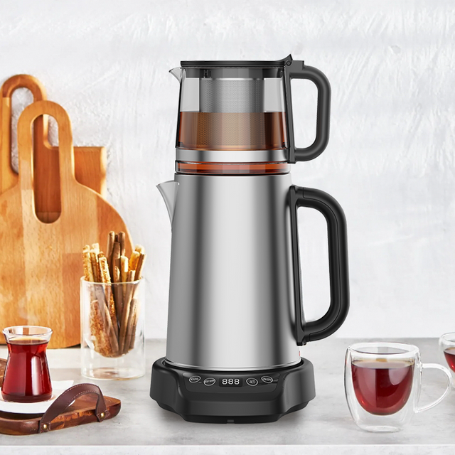 Home Appliance OEM en verre électrique personnalisé Kettle Tea Set Turkey Tea Maker Machine 2.0L + 1.1Les bouilloires en acier inoxydable et théière 
