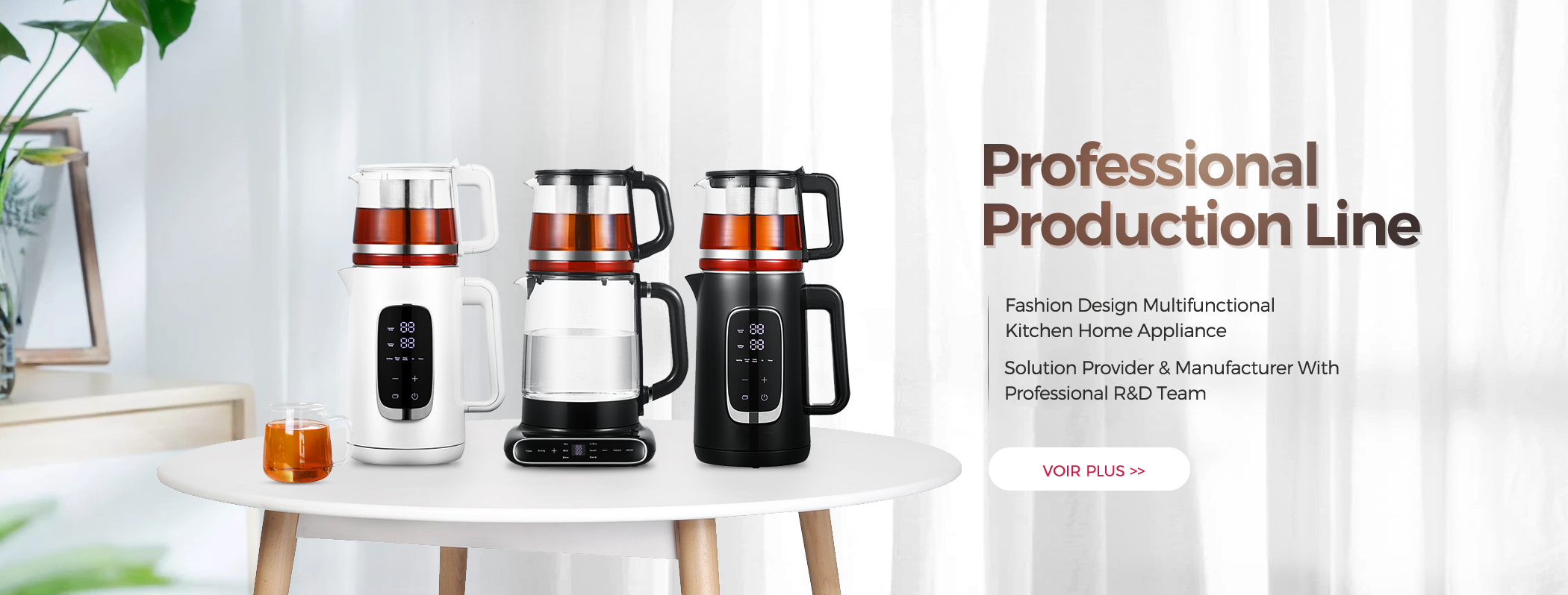 Banner of Zhongshan Yuekon Electrical Appliances Co., Limited showcasing their professional production line, fashion design multifunctional kitchen home appliances, and their role as a solution provider and manufacturer with a professional R&D team.