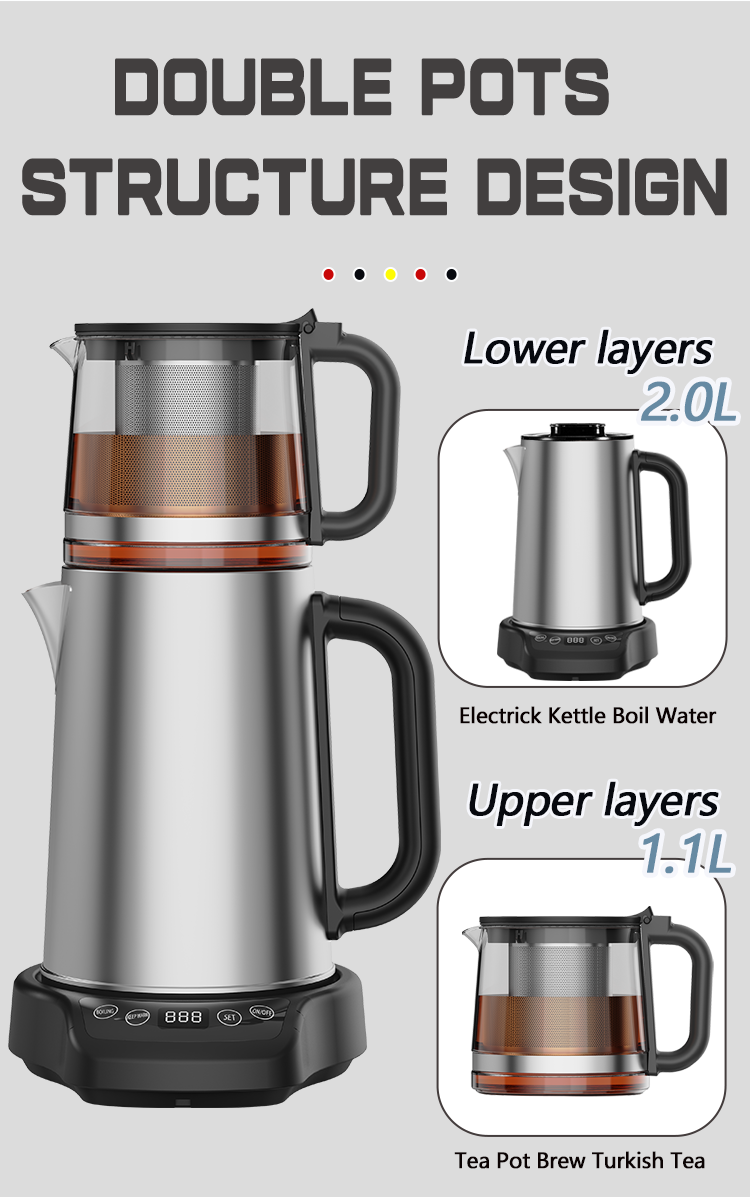 Home Appliance OEM en verre électrique personnalisé Kettle Tea Set Turkey Tea Maker Machine 2.0L + 1.1Les bouilloires en acier inoxydable et théière 