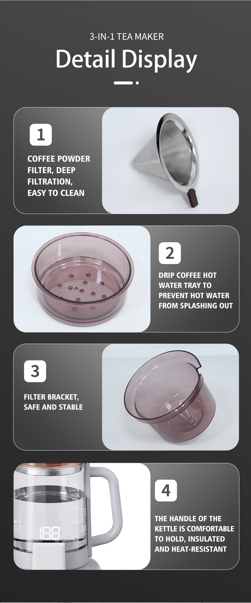 Bouilloire en verre multifonctionnelle 1500W, Double bouilloire intelligente sans fil, théière électrique, ensemble de cafetière, contrôle de la température numérique