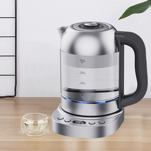 Bouilloire électrique en verre à haute teneur en Borosilicate sans fil de 2,0 l avec contrôle numérique sur une base Rorate de 360 ​​bouilloire électrique en verre intelligente