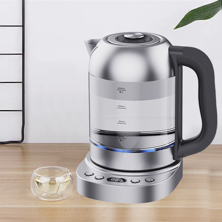 Bouilloire électrique en verre à haute teneur en Borosilicate sans fil de 2,0 l avec contrôle numérique sur une base Rorate de 360 ​​bouilloire électrique en verre intelligente