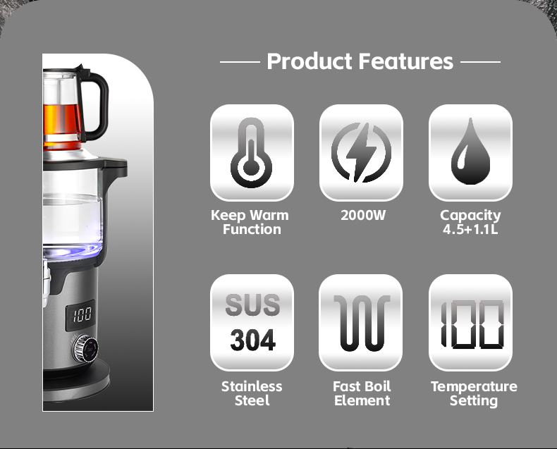 Vente en gros Skd Ckd Double Pot numérique russe Samovar 4.5L 2000W électrique en acier inoxydable automatique bouilloire turque avec théière