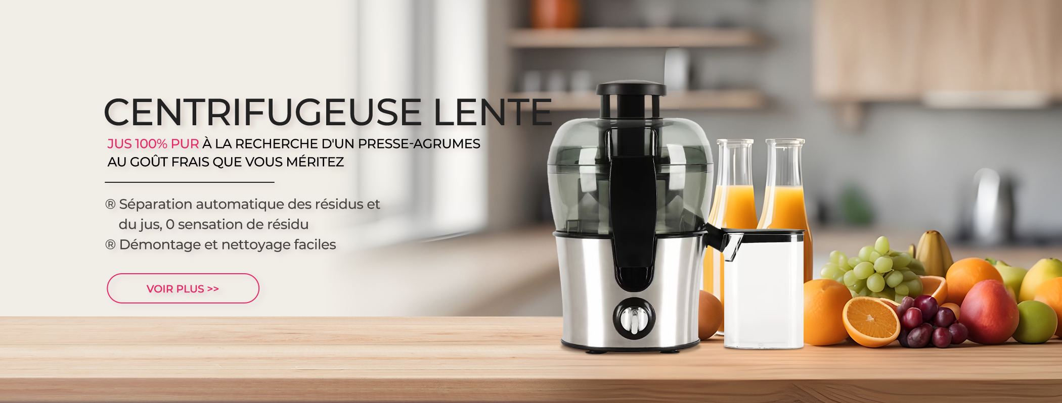 Banner of Zhongshan Yuekon Electrical Appliances Co., Limited featuring a slow juicer that promises 100% pure juice and fresh taste, with automatic separation of residue and juice, easy disassembly, and easy cleaning.