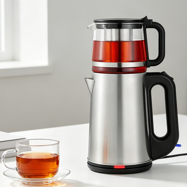 Appareil électroménager 2,0 L + 1,0 L Machine à thé électrique Samovar en acier inoxydable Base rotative à 360 degrés Garder au chaud Bouilloire électrique à contrôle de température