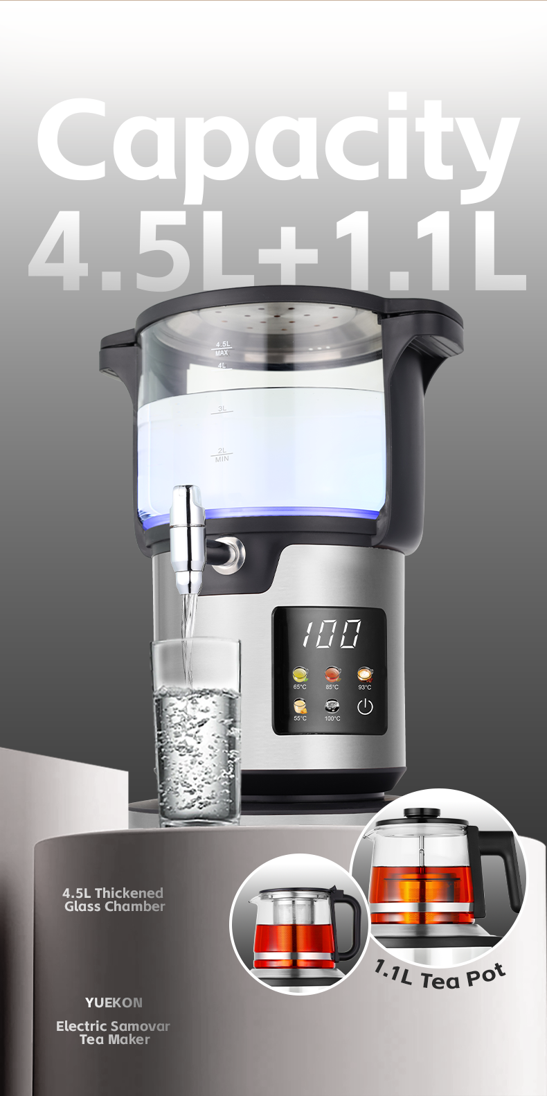 Fabricant de bouilloire électrique, élément chauffant pour faire du thé, Samovar en verre électrique de grande capacité de 4,5 l avec indicateur LED