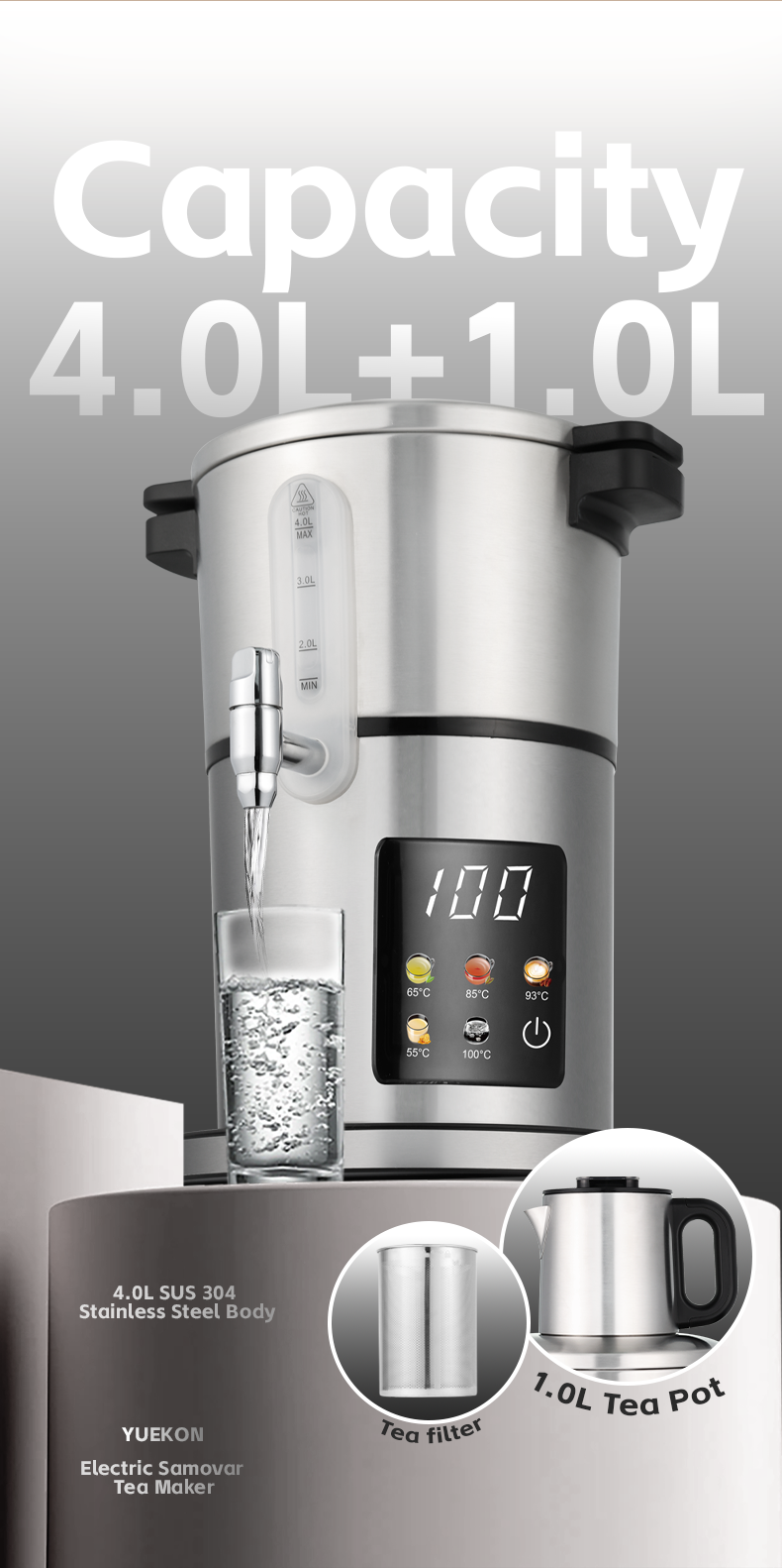 Machine à thé en acier inoxydable de haute qualité, 4,0 l + 1,0 l, chaudière à eau, bouilloire et théière électriques à Base numérique automatique